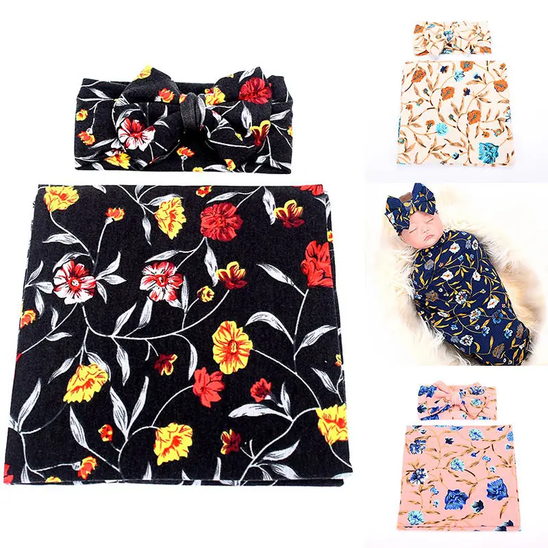 

Newborn Receiving Blanket Headband Set Flower Print Baby Swaddle Receiving Blankets