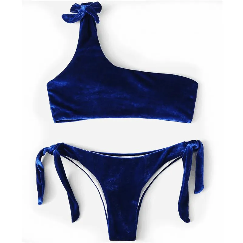 

Swimwear Women 2019 Velvet Bikini Sexy Swimsuit One Shoulder Bathing Suit Swimming Suit for Women Bandage Womens Swim Wear
