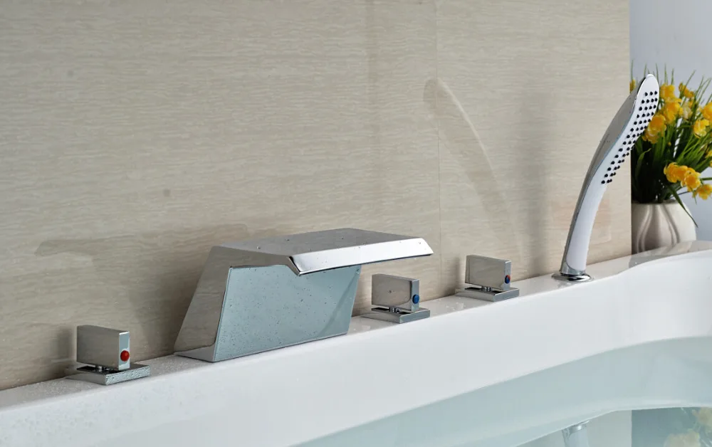 

Bathroom Waterfall Deck Mounted Chrome Finished Shower Faucet With Hand Sprayer