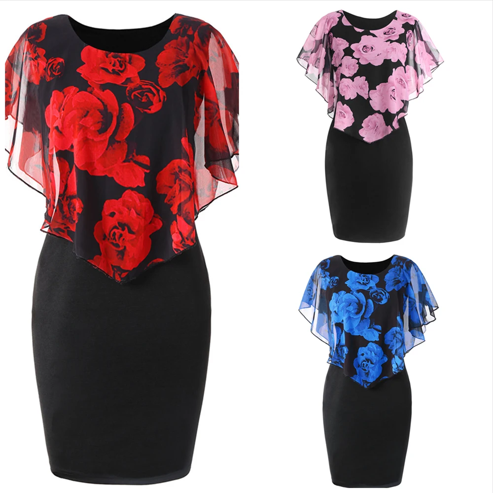 

Rosegal Plus Size Rose Valentine Overlay Capelet Dress 2019 Summer O-Neck Short Sleeve Women Bodycon Party Dresses Vestidos Robe