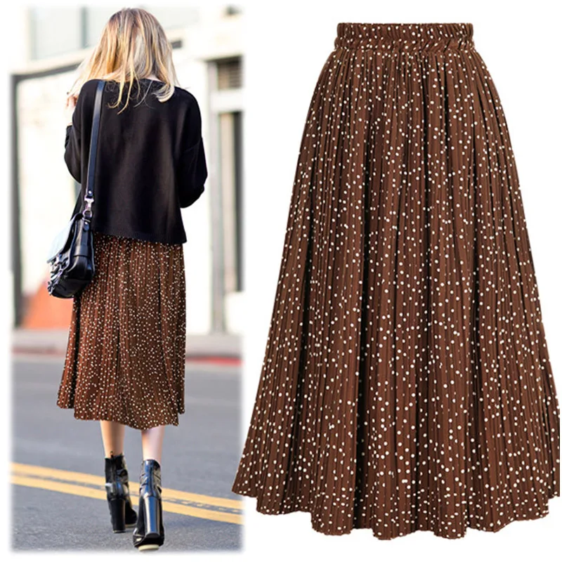 

LZMZA High waist pleated skirt summer beach chiffon skirts women elegant Dot skirts Elastic waist Casual Mid-Calf skirts