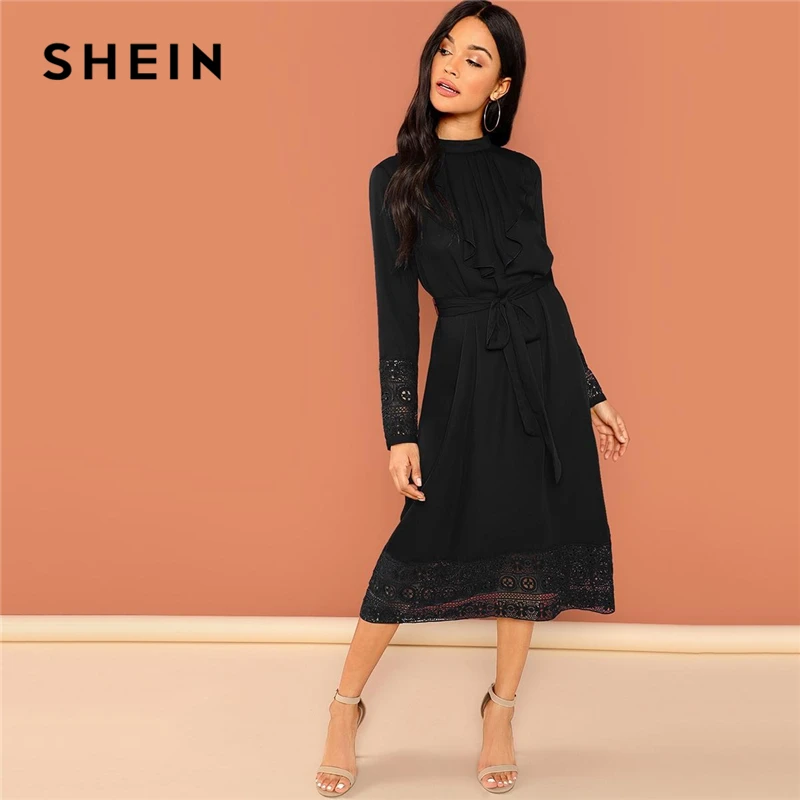 SHEIN Платье С Кружевной Отделкой И Поясом Женское Элегантное Кружевное Макси Платье