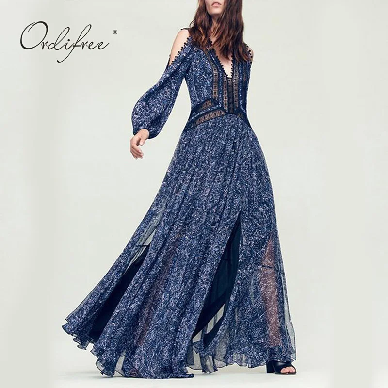 

Ordifree 2019 Summer Elegant Women Party Long Dress Floor Length Off Shoulder Sexy Lace Maxi Dress