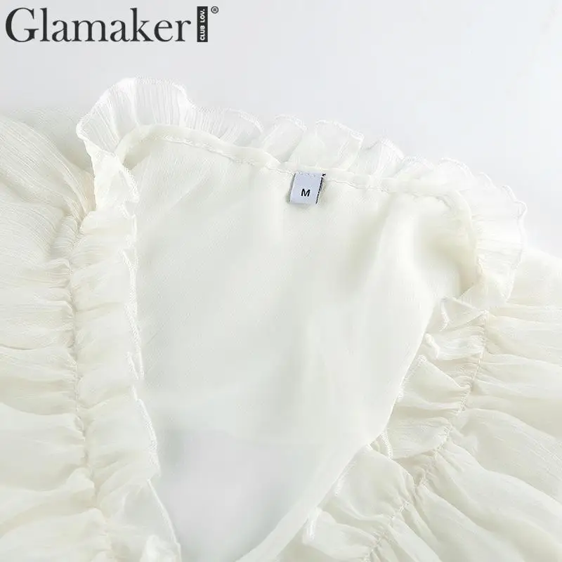 Glamaker белая блузка с длинным рукавом, рубашка для женщин, кружевные оборки, сексуальный короткий обрезанный женский топ, рубашка, топ, летняя Элегантная блузка для женщин