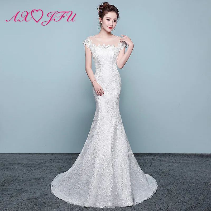 

AXJFU princess bride white lace mermaid wedding dress vintage o neck illusion turkey flower white trumpet wedding dress