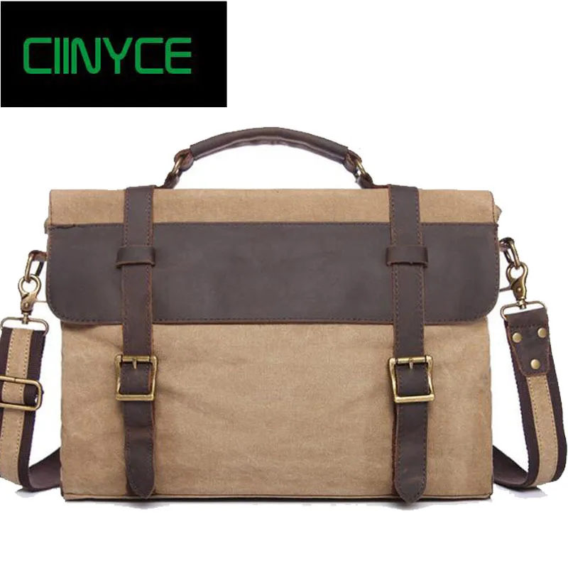 

New Vintage Real Cow Leather Canvas 14 inch Laptop Case Retro Style Cross Body Messenger Crazy Horsehide briefcase Bags
