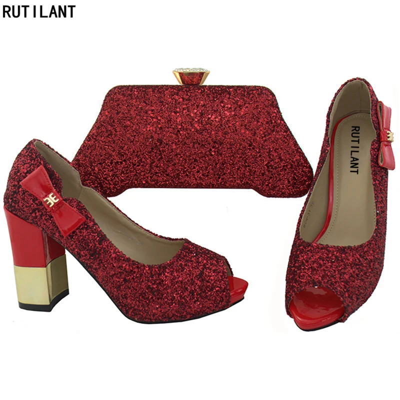 

Red Color African Shoe and Bag Set Italian Shoes with Matching Bags Set Decorated with Rhinestone Nigerian Women Wedding Shoes