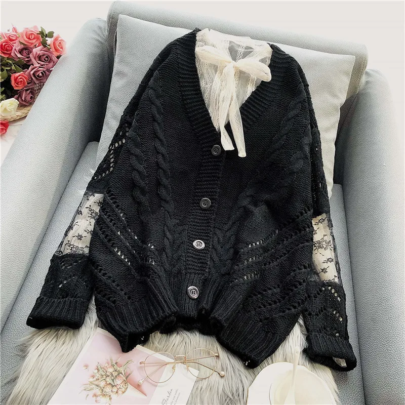 New 2019 spring hollow cardigan women's lace knitted sweater with loose foreign style and thick stick needle jacket sweaters |