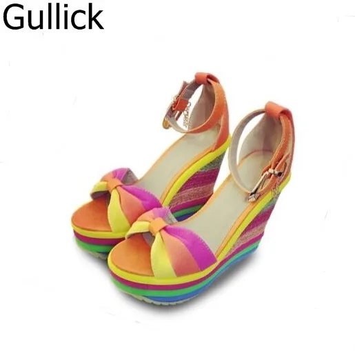 

New Style Women Mixed Color Peep Toe Ankle Buckle Strap Wedge Sandals Summer Fashion Platform 12cm High Heel Shoes Free Ship