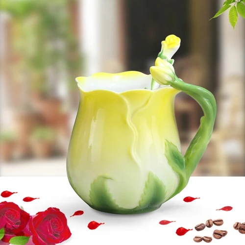 3D Роза цветок эмаль кофейная кружка чай молоко чашка набор с ложкой творческий керамический костяной фарфор посуда для напитков подарок на день Святого Валентина - Цвет: Цвет: желтый