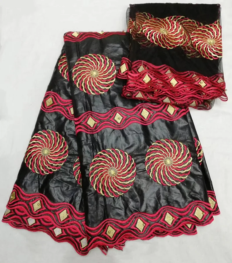 

(5yards +2yards/set ) hot selling design African bazin lace fabric with French lace set in black and red for party dress BZL09
