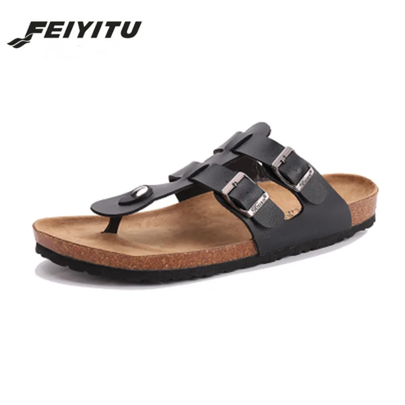 FeiYiTu/Новинка; летние сандалии; пляжные пробковые шлепанцы въетнамки; мужская повседневная обувь на плоской подошве; цвет белый, черный; большие размеры 35-45
