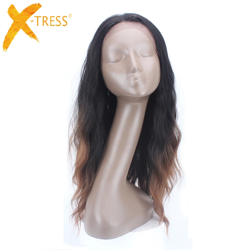 Ombre Brown Color Lace Front sintetik Rambut Dengan Rambut Bayi X-TRESS Long Natural Wave Haba Tahan Serat Bahagian Percuma Lace Wig