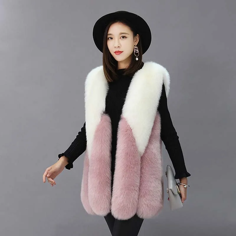 

ZADORIN 2019 NEW Luxury Contrast Color Faux Fur Vest Women Plus Size Winter Long White Pink Faux Fur Coat Gilet Fourrure bontjas