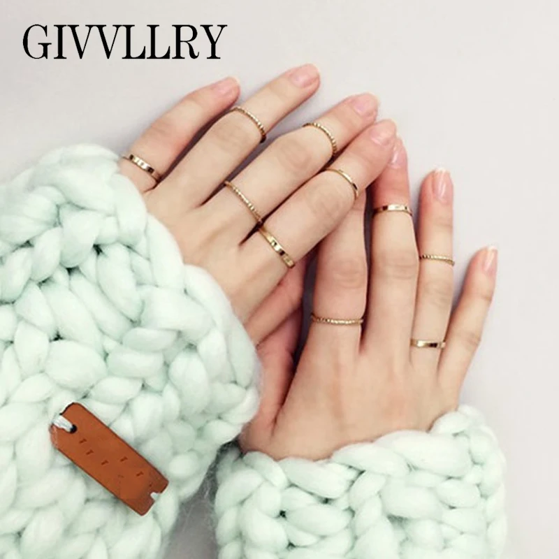 

GIVVLLRY 10 pcs/set Classic Basic Rings Set Fashion Jewelry Minimalist Stylish Gold Silver Color Knuckle Midi Rings for Women