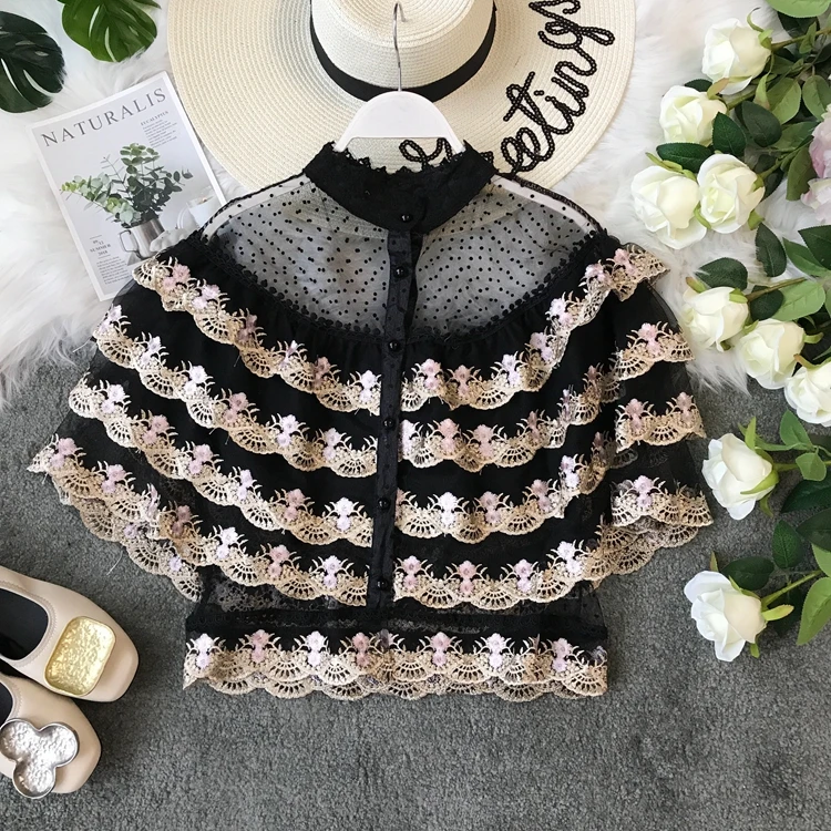

Summer French Retro Sweet Princess Wind Layer Lotus Leaf Edge Embroidery Short Lace Blouse Shirt Women Blusas Crop Top Girls