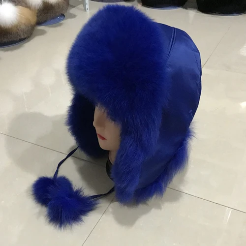 blue Натуральный Лисий Мех бомбер теплые зимние шапки женские пушистые меховые наушники из натурального Лисьего меха Роскошные качественные русские Женские шапки из натурального Лисьего меха - Цвет: blue