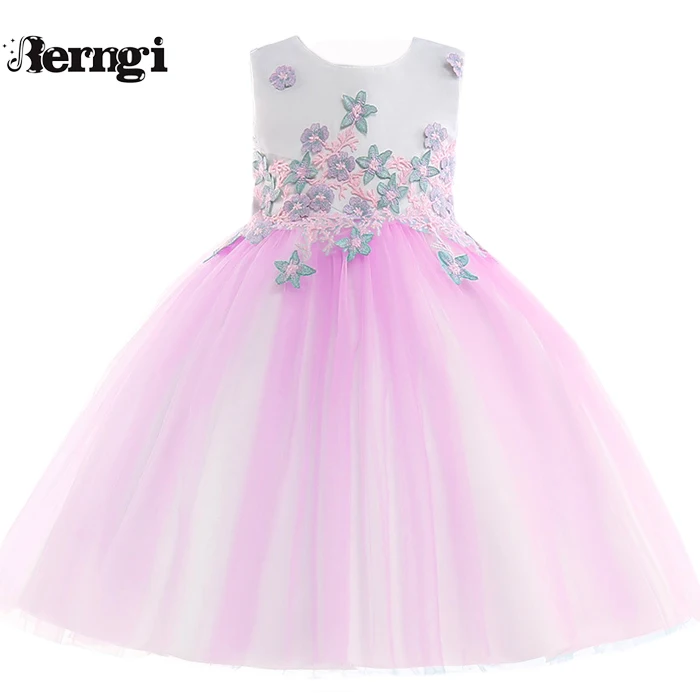 Berngi/детское газовое платье принцессы с расклешенными рукавами и вышивкой для девочек; детское платье с вырезом, украшенное бисером; одежда для свадьбы, дня рождения, вечеринки - Цвет: E2