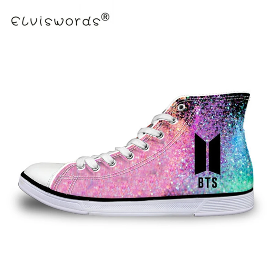 

ELVISWORDS Big Size 35-45 High Top Canvas Shoes For Women Kpop BTS Print Lace-up Vulcanize Shoes Sneaker Flat Zapatillas Mujer