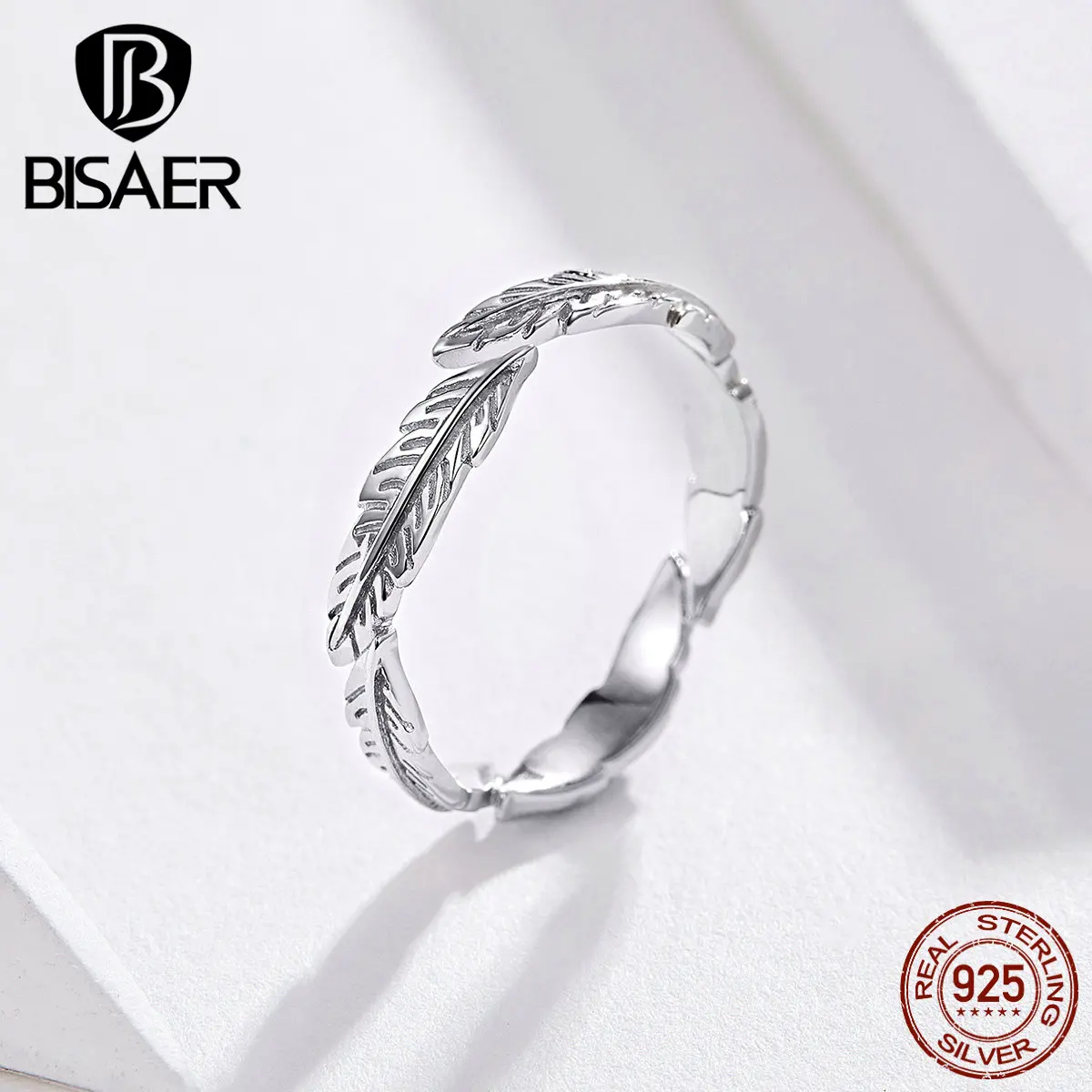 

BISAER Feathers Ring 925 Sterling Silver Vintage Wings Feather Women Finger Rings Adjustable Size Sterling Silver Jewelry ECR517