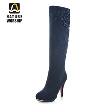 Лидер продаж; женская обувь; зимние мотоботы; модные сапоги до колена на высоком каблуке; пикантные женские высокие сапоги из флока с отделкой бисером
