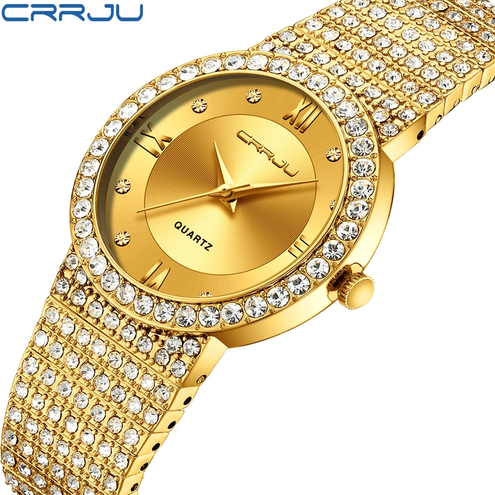 

CRRJU Luxury Brand Fashion Women Men Jewelry Bracelet Rhinestone lover Watches Ladies Quartz Couple Wristwatch for Gift relogio