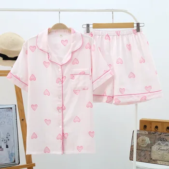 

2019 New Arrival Pyjamas Women Pajama Set 100% Gauze Cotton 2 Pcs Short Sleeve + Shorts Pyjama Femme Sleepwear Home Suit