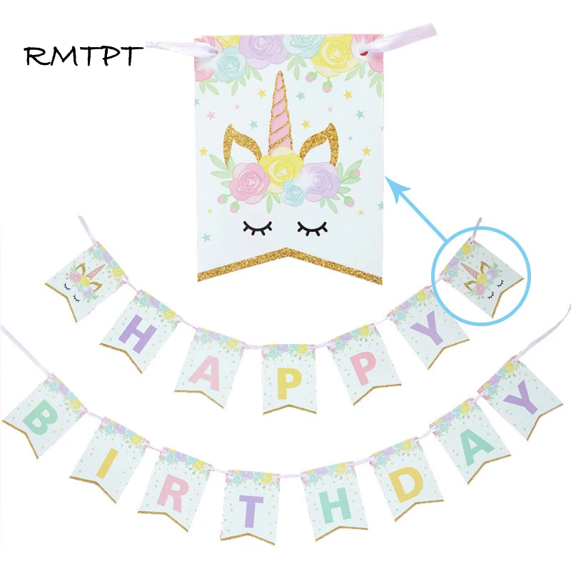 

New Cartoon Unicorn Paper Flag Birthday Unicorn Party Flags Happy Birthday Banner For Kids Birthday Decoration Party Supplies