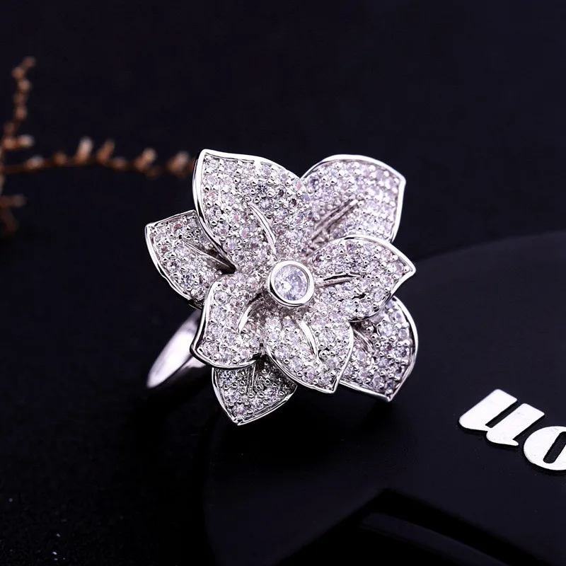 2018 Luxury Big Flower Rings For Women Micro Paved Cubic Zirconia Wedding Ring Silver Ladies Crystal Rings Valentine's Day Gift