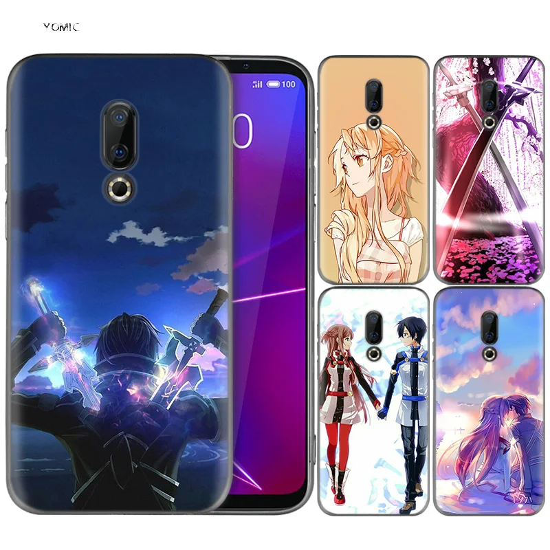 

Silicone Case for Meizu 16 16th M6T Black Dark Coque Shell Cell Phone Tpu Cover Dull Polish Sword Art Online kirito and asuna