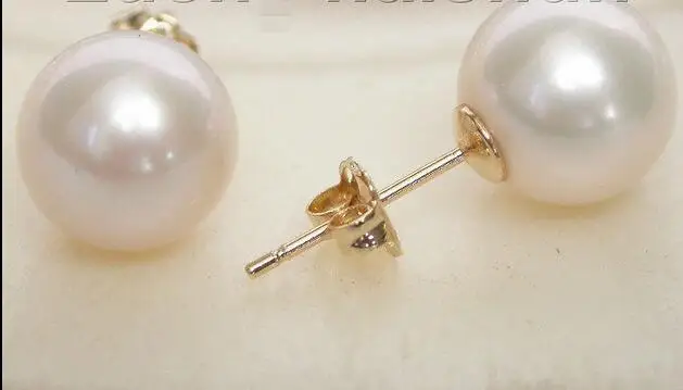 

Free Shipping >> AAA Natural 8.5mm perfect round white pearls Earring 14K solid gold