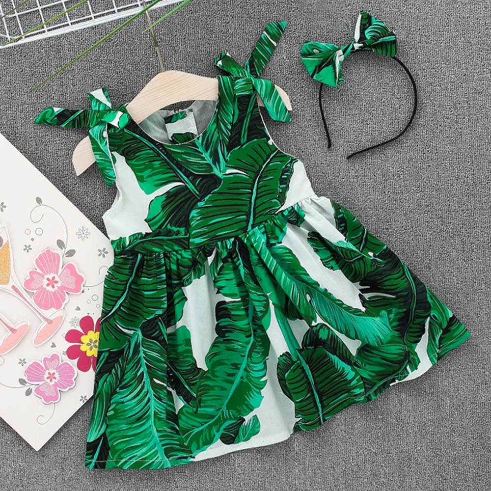 

Girls Dress Sets Baby Kid Cotton Casual Summer Dresses Leaves Print Dress Straps Party Bow Headband Sets Beach Princess Dress
