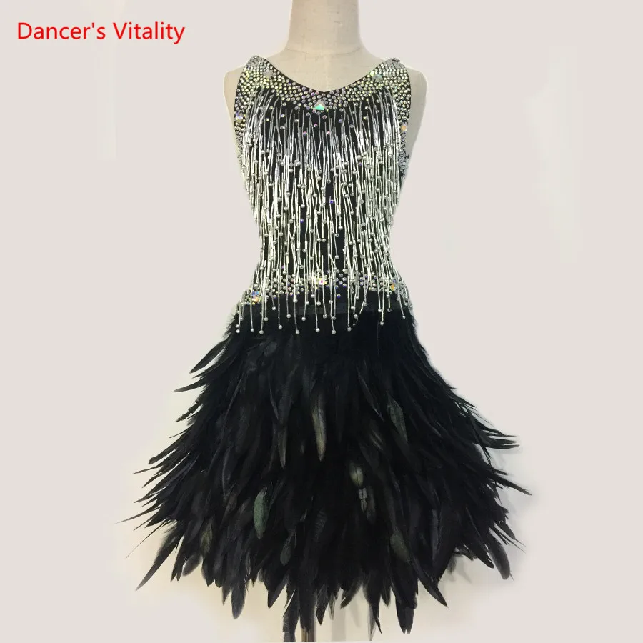Платье для латинских танцев со стразами и перьями; платье для латинских танцев для девочек; бальное платье для танцев; Детские костюмы для выступлений - Цвет: Черный