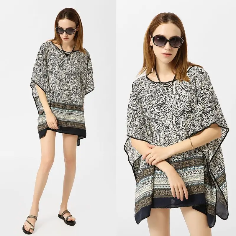 

Womens Summer 3/4 Sleeves Swimsuit Cover Up Ethnic Paisley Geometric Stripes Printed Kimono Pullover Top Oversized Loose O-Neck