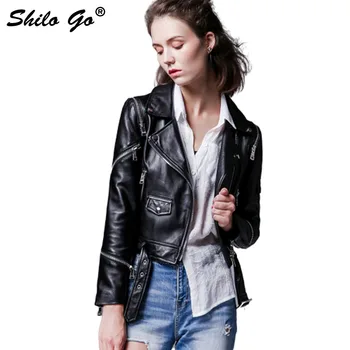 

SHILO GO Leather Jacket Autumn Fashion sheepskin genuine leather Jacket metal button lapel zipper shouler leather belt coat