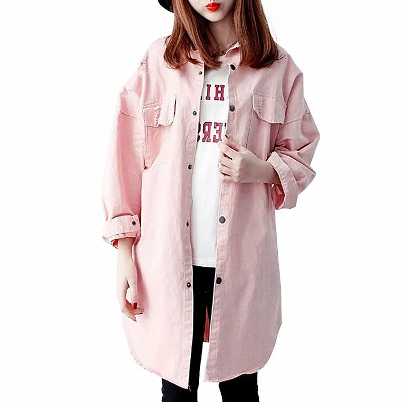 Goede Bovenkleding Womens Denim Jasje 2017 Nieuwe Roze Groen Lange Herfst Jas Vrouwen Oversized Jeans Jasje Vrouwelijke Basic Jas E0205