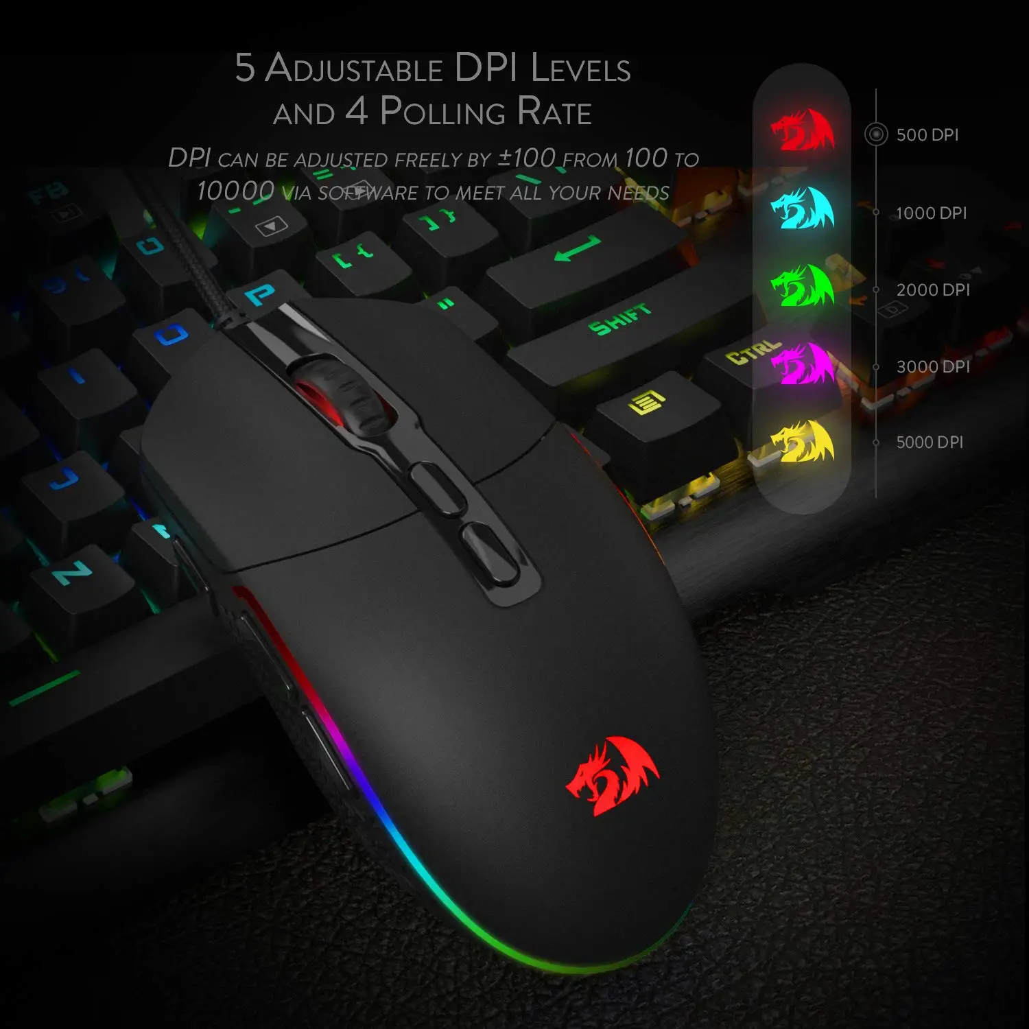 Redragon M719 INVADER Wired Gaming Mouse Optical Office Mice RGB Backlit 10000 DPI 7 Programmable Buttons PC Computer for Dota