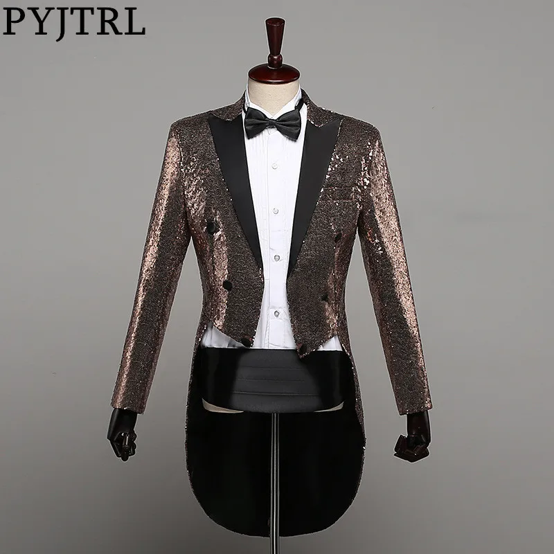 

PYJTRL Mens Fashion Champagne Gold Silver Red Blue Black Sequins Tuxedo Swallowtail Coat Singers Paillette Jacket Costume Outfit