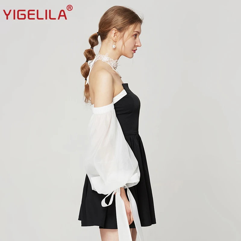 Женское вечернее платье YIGELILA черное/белое мини без бретелек с рукавом фонариком