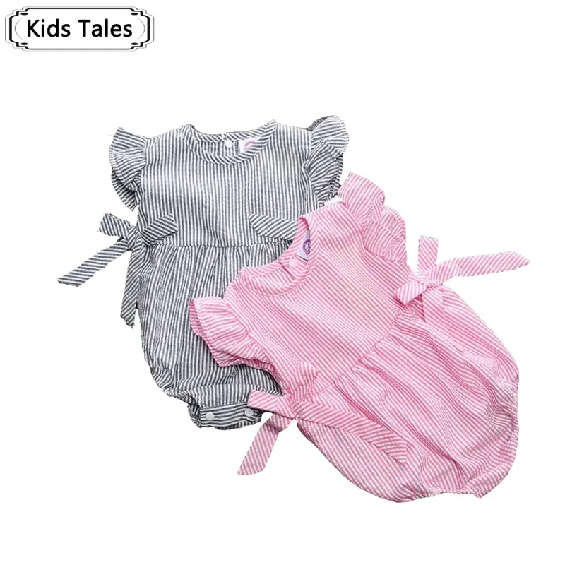 

SR073 Ins * 2017 new girl pink striped bow design jumpsuit summer cotton overalls cute beautiful girls clothes children clothing