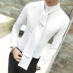 Высокое качество осень новая мужская рубашка подчеркивающий индивидуальность галстук Декор Slim Fit смокинг рубашка мужская с длинным