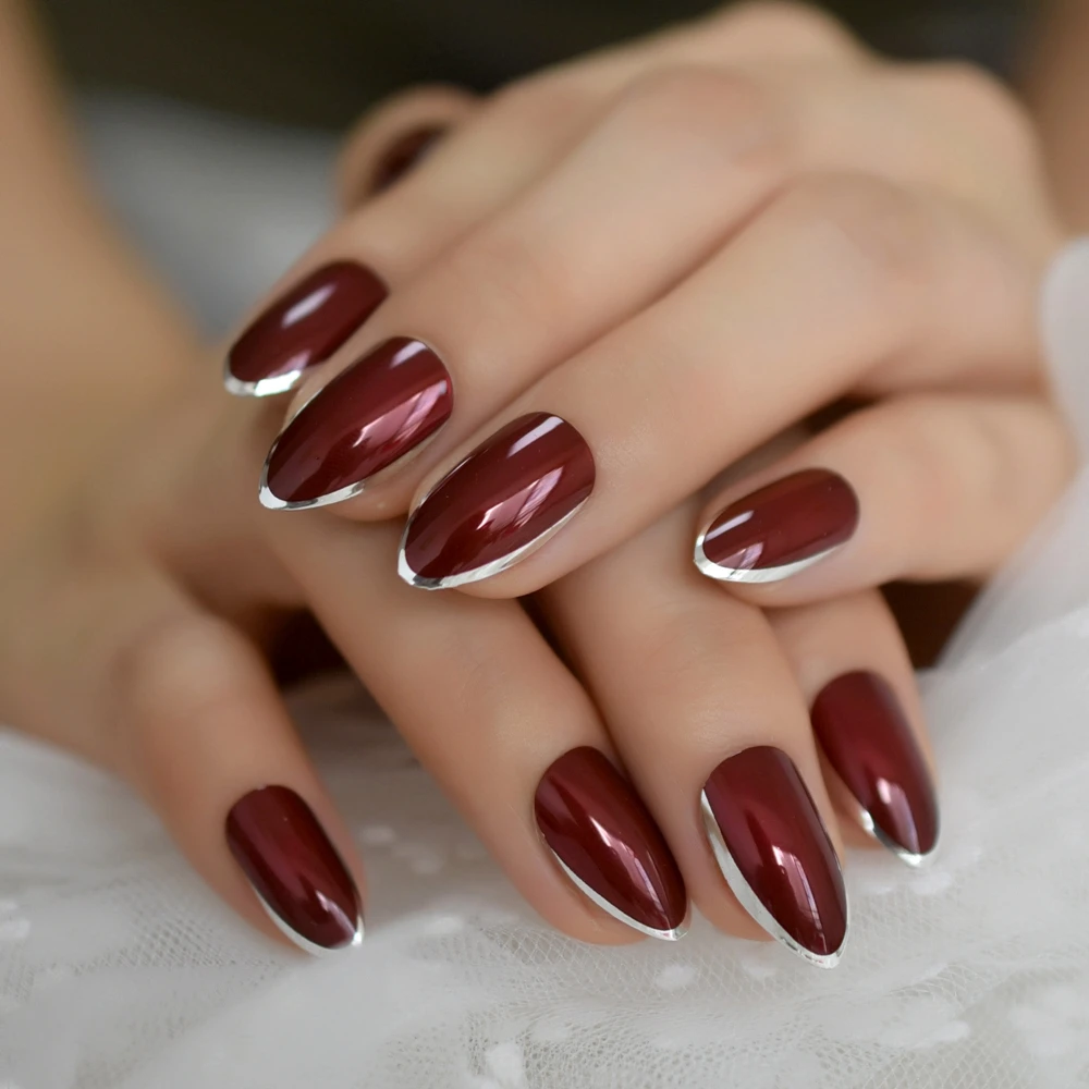 Бордовые металлические серебристые французские стилеты для дизайна ногтей, накладные овальные ногти, острые бордовые красные накладные ногти, клейкая лента