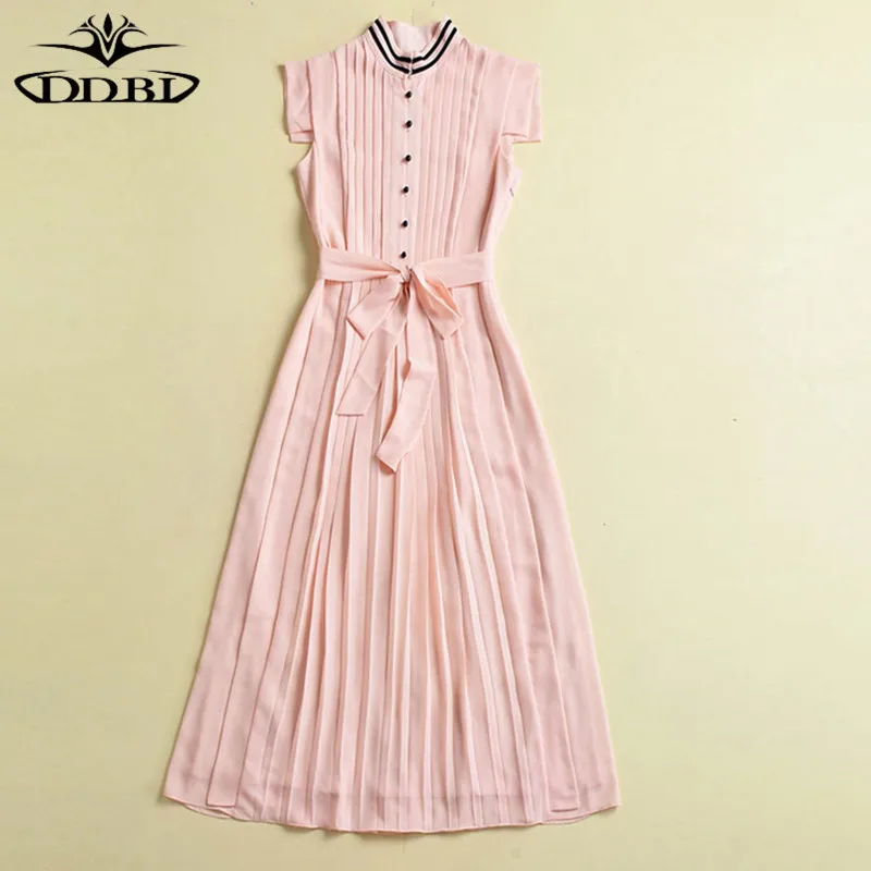 high quality summer dress pink pleated dress  180504