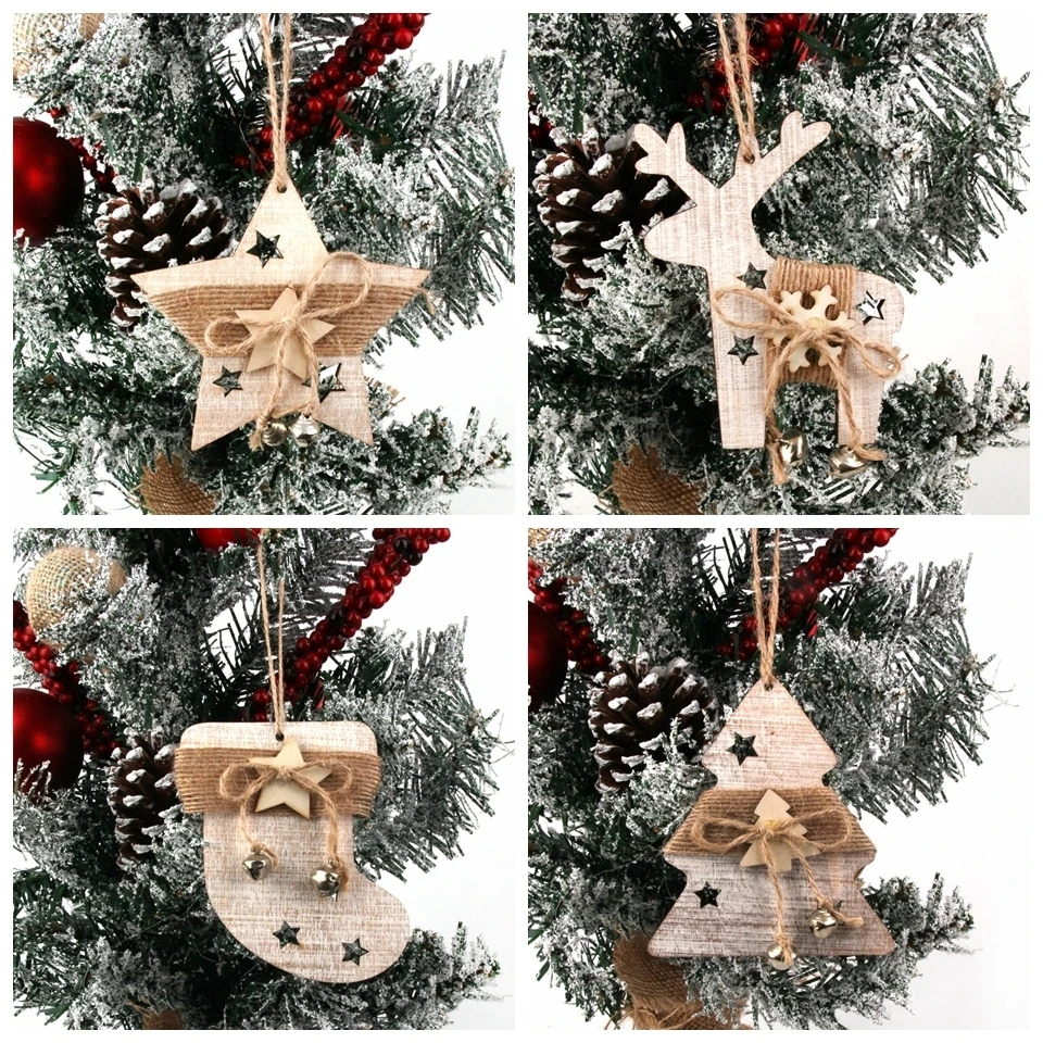 1PC Vintage Christmas Wooden Deer/Sock/Tree/Star Pendants Ornaments Wood Crafts Kids Gift Christmas Tree Ornaments Decorations