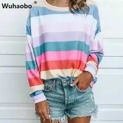 Wuhaobo Цвет полосатые кофты осень-зима Повседневное с круглым вырезом и длинными рукавами Для женщин пуловер Модная тонкая Толстовка