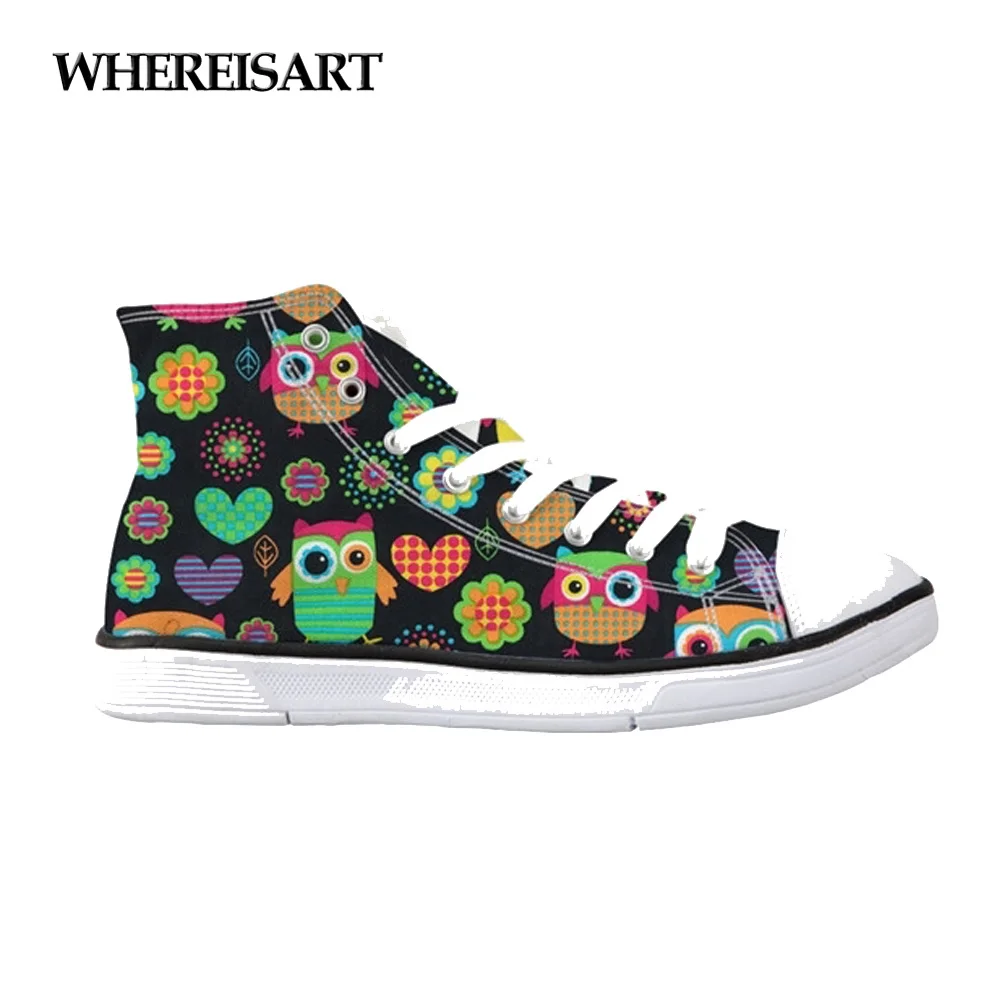 

WHEREISART High Top Women Vulcanize Shoes Cute Animal Owl Printed Canvas Flats Shoes for Female Casual Women's Sneakers Woman