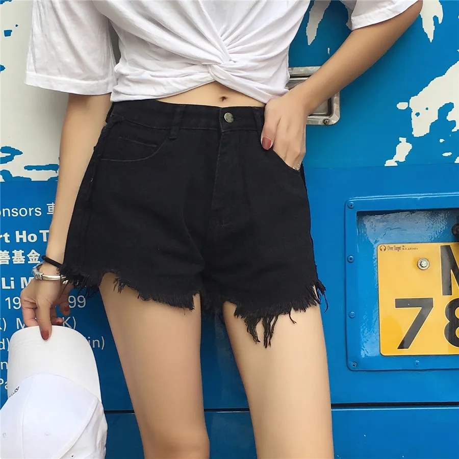 

Fashion woman's Black jean shorts tassel brushed raw solid denim Tear tassel Cotton shorts Girls FQF8660#