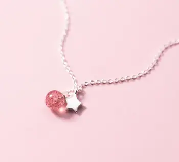 

6mm Authentic 100% REAL. 925 Sterling Silver fINE Jewelry Natural Strawberry Quartz Stone &Star pendant Necklace GTLx1793