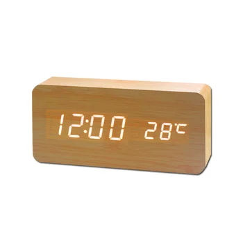 

Wood LED Digital Clock Snooze Bamboo Desktop Alarm Clock for Bedroom Temperature Sound Control Electronic Table Clocks Gift