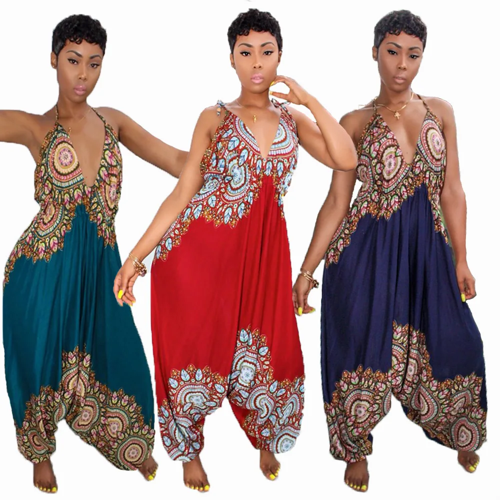 Buy India Folk Print Loose Jumpsuit Summer Halter Deep V Neck Sexy Party Romper